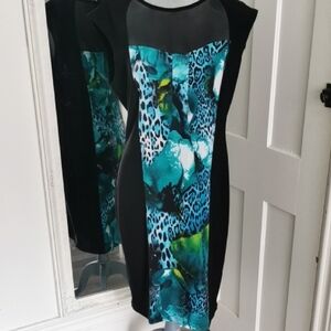 Frank Lyman shift dress green abstract print mesh sleeveless midi dress. Size 12